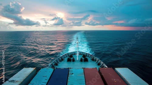 An aerial view of an ocean-going container ship sailing across the azure ocean showcases the global trade and maritime shipping industry in full swing.