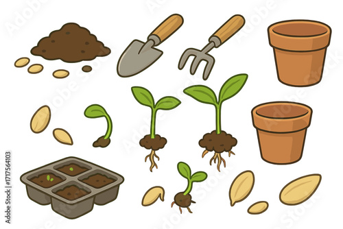 Seeds and seedlings set with soil, gardening tools, pots, sprouting germination process, plant growth stages, garden planting elements collection, isolated vector illustration