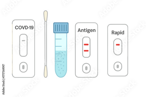 Complete Set of ATK Elements for COVID-19 Testing Kit with PCR, Antigen, and Rapid Test Components, Flat Vector Cartoon Illustration with Transparent Background, Medical Diagnostic Tools