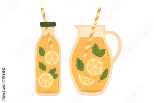 Tropical detox drink with organic lemonade in glass bottle and modern jug with straw, refreshing summer beverage with lemon slices and mint leaves, healthy homemade drink illustration