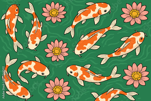 Koi fish seamless pattern. Japanese carp swimming with lotus flowers in a water pond. Asian spiritual symbol of luck and good fortune. Zen garden nature vector background.