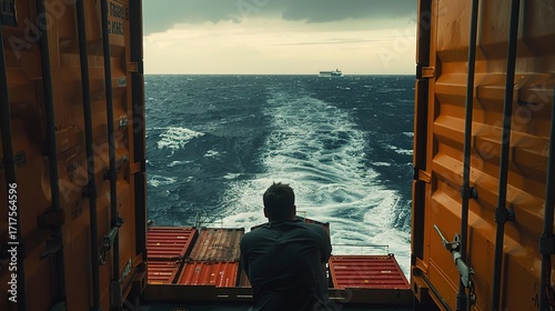 An aerial view of an ocean-going container ship sailing across the azure ocean showcases the global trade and maritime shipping industry in full swing.
