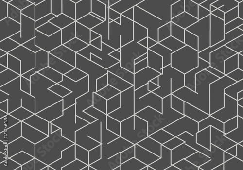 Abstract geometric pattern with white lines forming isometric shapes on a dark gray background, concept for architectural blueprints, modern technology backgrounds and innovative designs