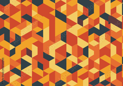 Geometric mosaic background with orange, yellow and black cubes, triangles and rhombuses, concept for retro style backdrop, modern decoration and architectural visualization