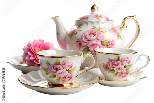 White porcelain tea set with pink floral pattern and gold trim teapot teacup isolated on a transparent background