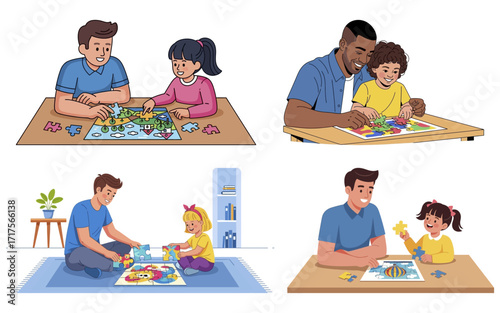 Families Enjoying Jigsaw Puzzles Bonding Together Building Relationships and Having Fun.