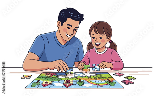 Father and Daughter Enjoying a Puzzle Together.