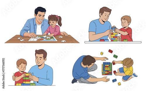 Father and Children Enjoying Playtime Activities with Puzzles and Building Blocks.