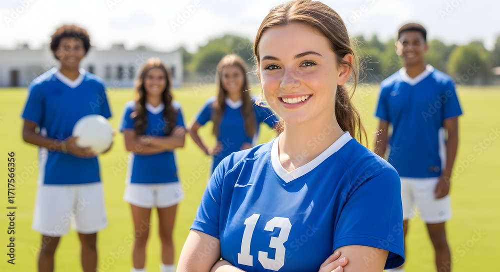 Fototapeta premium Smiling Teen Girl in Blue Sports Jersey with Number 13, Leading Her Diverse and Happy Youth Sports Team on a Sunny Green Field, Embodying Confidence and Teamwork in Athletics