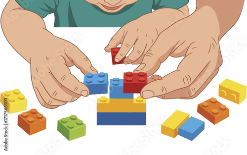 Adult and Child Hands Building Colorful Block Tower.