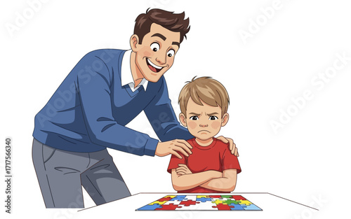 Encouraging Father and Frustrated Son Working on a Puzzle Together.