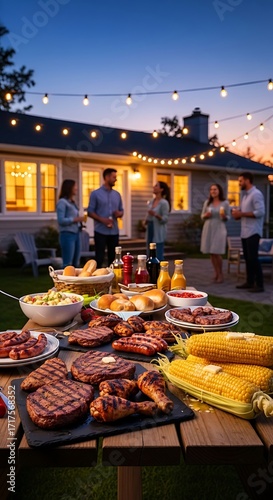A large outdoor gathering featuring a bountiful spread of grilled meats, vegetables, and side dishes under a string of twinkling lights.