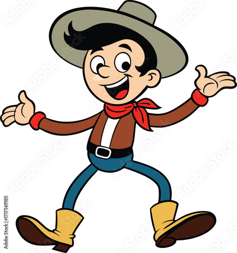 Happy Cartoon Cowboy Boy Dancing in Western Outfit Isolated Vector