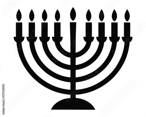 A striking black illustration of a nine-branched candelabrum, representing light, tradition, and spiritual celebration, ideal as a symbolic graphic icon for diverse design uses