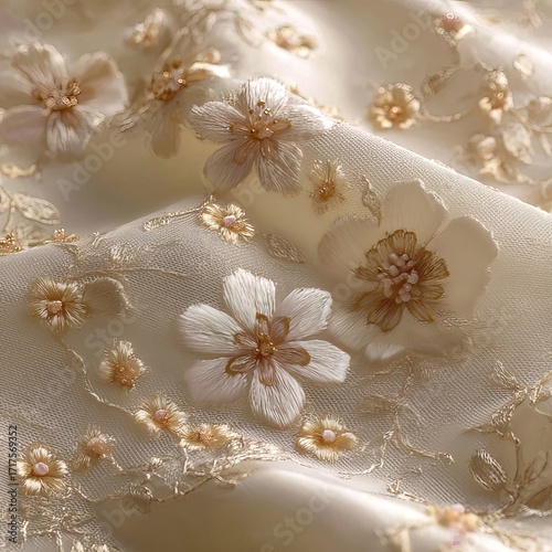 Delicate fabric adorned with intricate floral embroidery features soft ivory and gold flowers, creating an elegant and textured appearance.