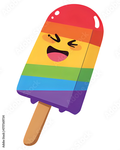 A melting rainbow popsicle looking surprised | funny ice cream | ice cream on a stick | ice cream cartoon | ice cream isolated on white background