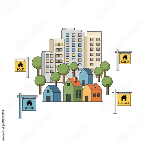 Vibrant Urban Housing Market with Colorful Homes and Apartment Buildings Vector Graphic