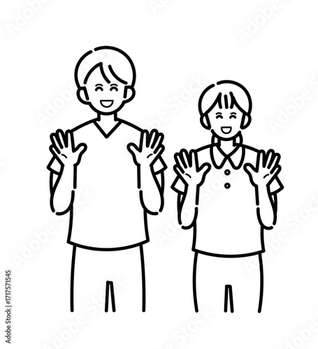 笑顔で手を振る医師と看護師のイラスト　線画のみ