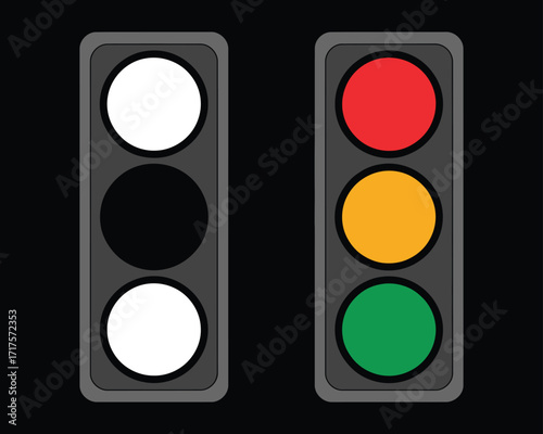 A vector illustration showing two traffic light signals, one in standard red, yellow, and green colors and a monochrome version