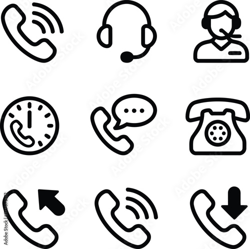 Collection of Black and White Telephone and Support Icons Including Phones Headset Assistant Conversation Clock Incoming and Outgoing Call Illustrations for Business and Contact