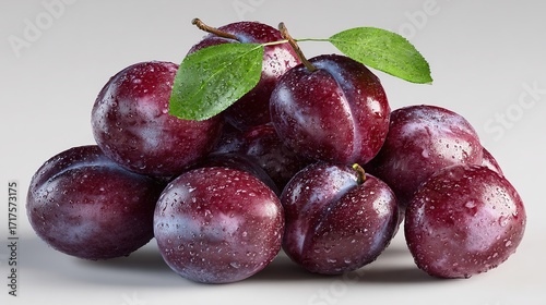 A cluster of plump, deep red-purple plums, glistening with water droplets, rests on a light gray surface. Fresh green leaves are positioned atop the fruit