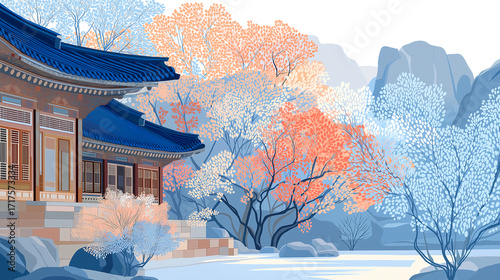 정원에 봄꽃이 만발한 한국 전통궁궐의 일러스트레이션-Illustration of a traditional Korean palace with spring flowers in full bloom in the garden