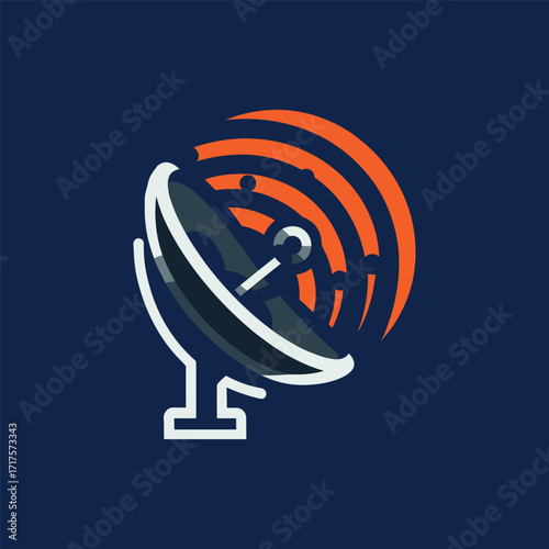 Satellite dish receiving signals against a dark blue background, showcasing communication technology