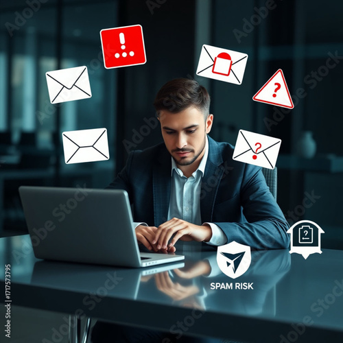 Businessman typing on laptop with warning email icons, representing email threat, phishing attack, malware, data breach, cybersecurity alert, scam message, spam risk, and online fraud protection.