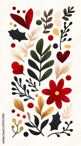 A stylized Christmas tree design featuring an arrangement of flowers and leaves in warm tones of red, gold, and white against a black background.
