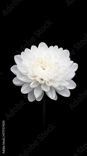 A single white chrysanthemum flower with layered petals stands against a solid black background, highlighting its delicate and symmetrical beauty.