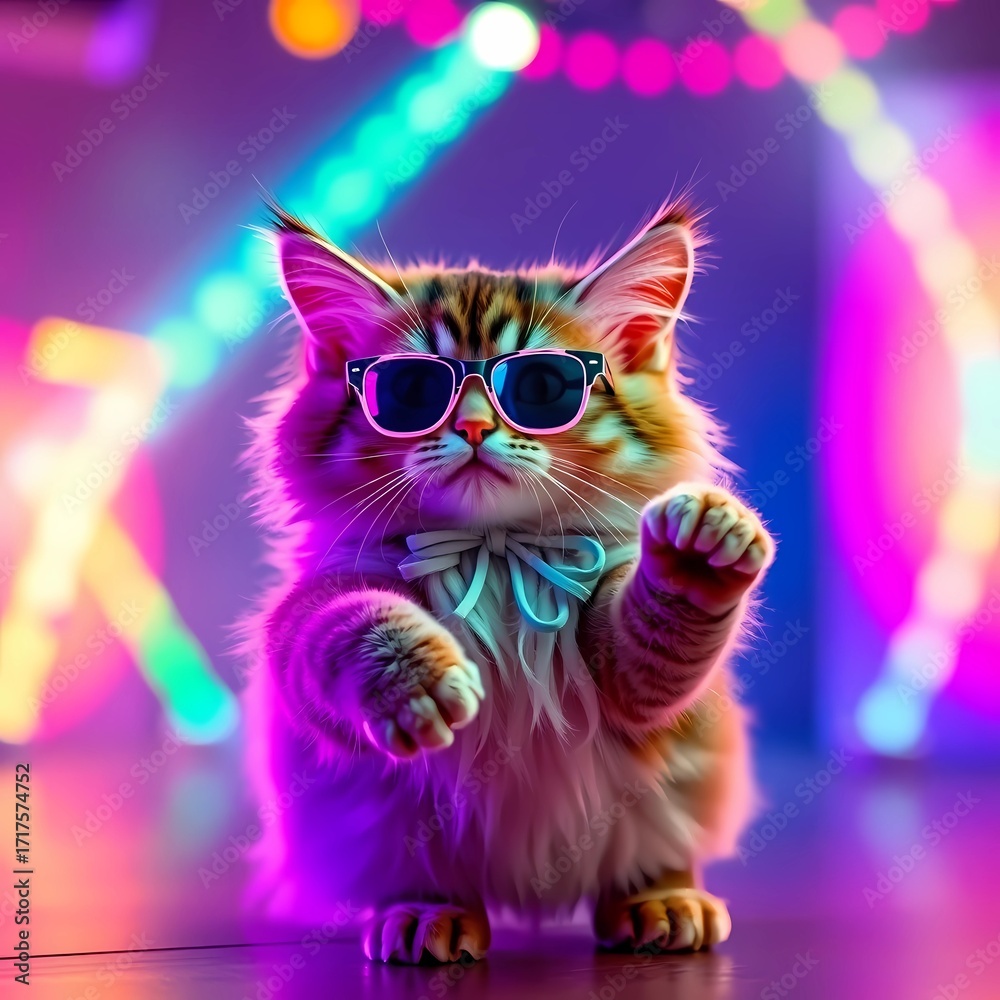 Fototapeta premium A cat wearing sunglasses and a bow tie standing in front of neon lights stage