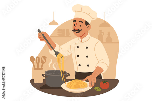 Chef cooking pasta in restaurant. Master makes dish. Professional culinary concept. Man prepares homemade lunch or dinner. Italian food spaghetti meal. Flat vector illustration.