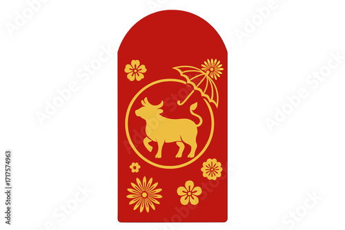 Chinese New Year of the Ox. Golden ox silhouette on a lucky red envelope. Lunar festival money packet or hongbao with paper cut plum flowers, daisy and an umbrella design.
