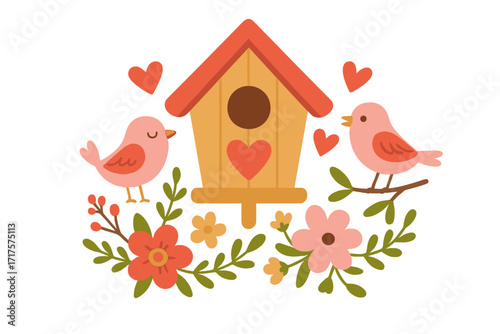 Cute bird couple in love for Valentine's Day. Vector flat illustration with birdhouse, two lovebirds, hearts, and flowers. Springtime romance and nature cartoon concept.