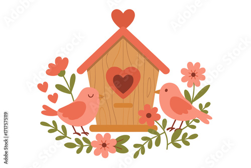 Cute bird couple in love by a birdhouse with flowers. Romantic Valentine's Day vector illustration. Lovebirds with hearts. Concept of love, home, family, and togetherness.