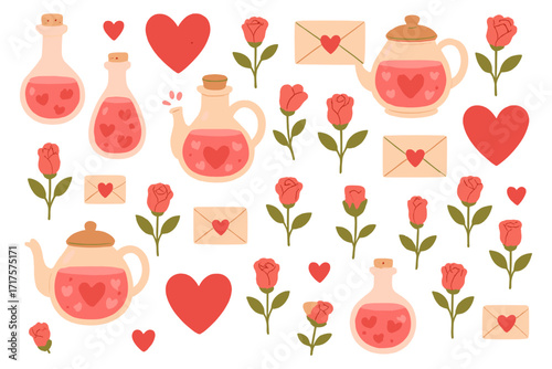 Valentine's Day seamless pattern with love potion, roses, letters. Romantic vector background for wedding. Cute hand-drawn cartoon illustration with hearts, teapots, bottles.