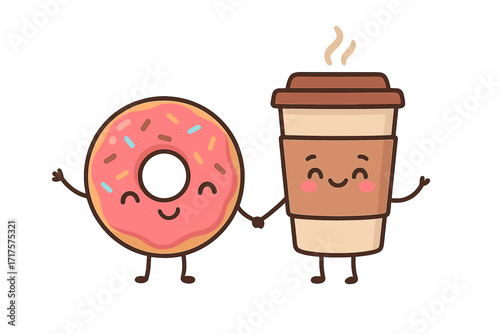 Cute donut and coffee cup couple holding hands. Kawaii food characters in love. Valentine's day friendship concept. Breakfast, snack, sweet, drink, friends. Vector cartoon.