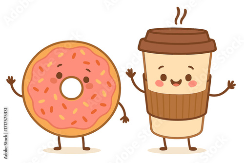 Happy cute smiling donut and coffee paper cup characters. Valentine's day couple. Funny breakfast friends concept. Kawaii vector flat illustration isolated on white background.