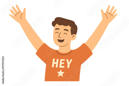 Happy young man with raised arms celebrating success. Cheerful person with open hands greeting. Vector illustration character concept for joy, welcome, positivity, happiness.