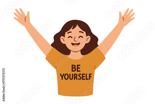 Be yourself inspirational quote. Happy woman with raised arms celebrating freedom, self-love, acceptance. Positive psychology concept for confidence, happiness, mental health.
