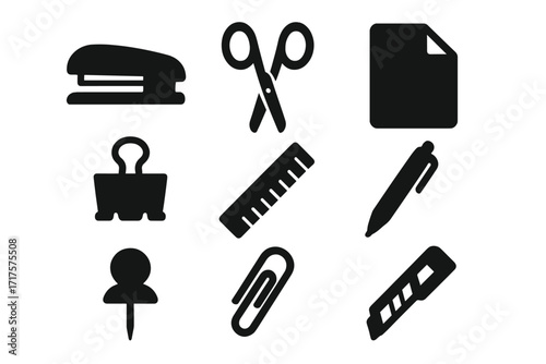 Office supplies icon set. Stationery silhouette collection. Simple flat vector icons of stapler, scissors, paper, document, binder clip, ruler, pen, pushpin, paperclip, cutter.