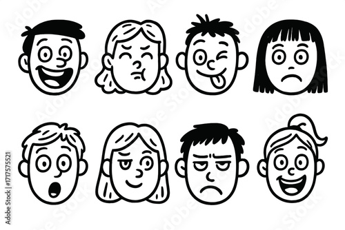 Set of male and female cartoon faces with different emotions. Hand-drawn doodle character heads. Vector illustration pack of funny, happy, sad, angry expressions.