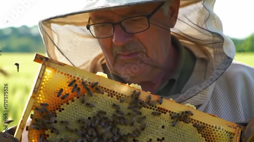 Senior beekeeper carefully inspecting a honeycomb frame full of bees in a sunny apiary field