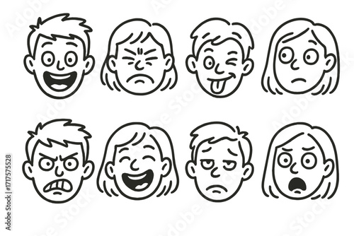 Faces emotions set. Male female character head collection. Funny doodle cartoon expressions. Hand drawn vector illustration. Happy, sad, angry, surprised face icon for avatar.