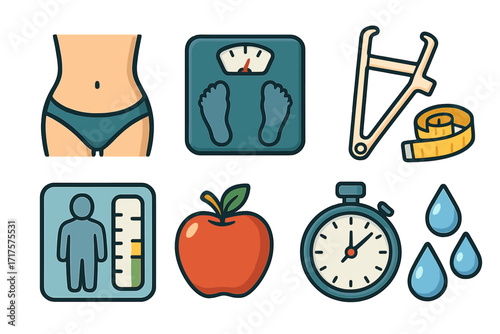 Fitness and weight loss icon set. Health, diet, and exercise symbols. Body measurement, scale, BMI, caliper, apple for nutrition, stopwatch, and water for hydration concepts.