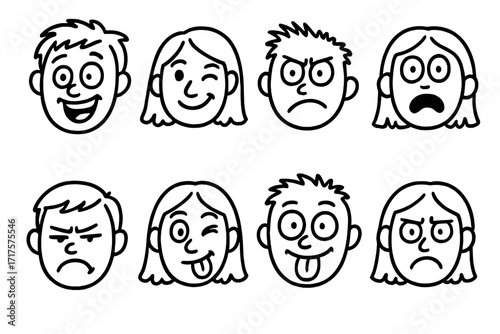 Set of funny cartoon faces. Hand-drawn doodle avatars with different expressions. Male and female characters showing emotions: happy, sad, angry, silly. Vector line art icons.