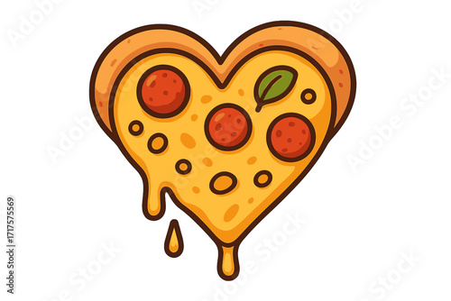 Heart shaped pizza slice cartoon. Pizza love concept for Valentine's day. Fast food icon for pizzeria menu, delivery or cafe. Melting cheese pepperoni vector illustration design.