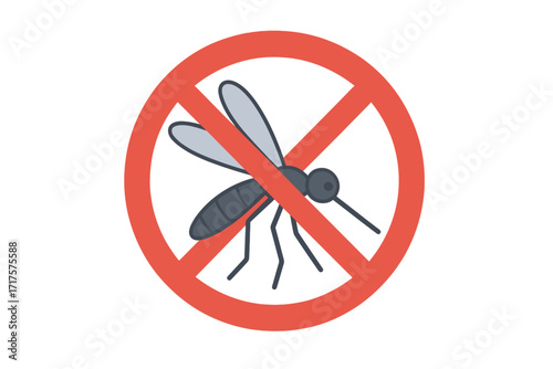 No mosquito warning sign. Vector symbol for pest control and insect repellent. Protection from diseases like zika, dengue, and malaria. Stop gnat and midge danger icon.