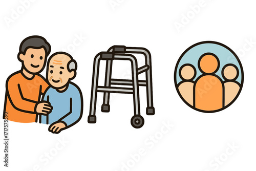 Elderly care icon set. Senior support, caregiver assistance, mobility aid walker, and community services symbol. Vector for nursing home, retirement, healthcare, disability.