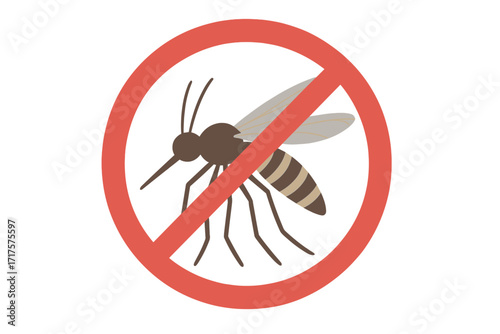 No mosquito sign. Stop mosquitoes icon. Red prohibition circle with gnat. Insect control and protection symbol. Vector warning of dengue, zika and malaria disease danger.
